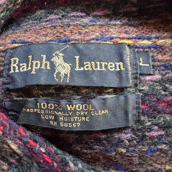 Ralph Lauren 80 Womens Fair Isle Wool Sweater L Maroon & Multi High Neck Button - Picture 11 of 16